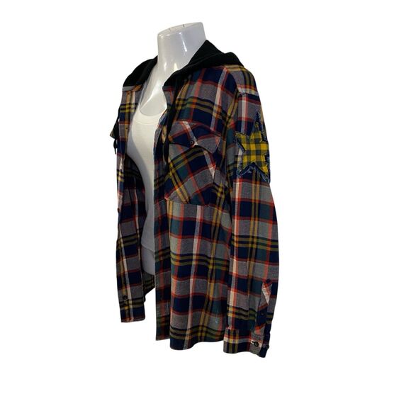 Upcycled Flannel Shirt Shacket Womens XL Tractor Plow  Grunge Patchwork Folk Art - Picture 4 of 11